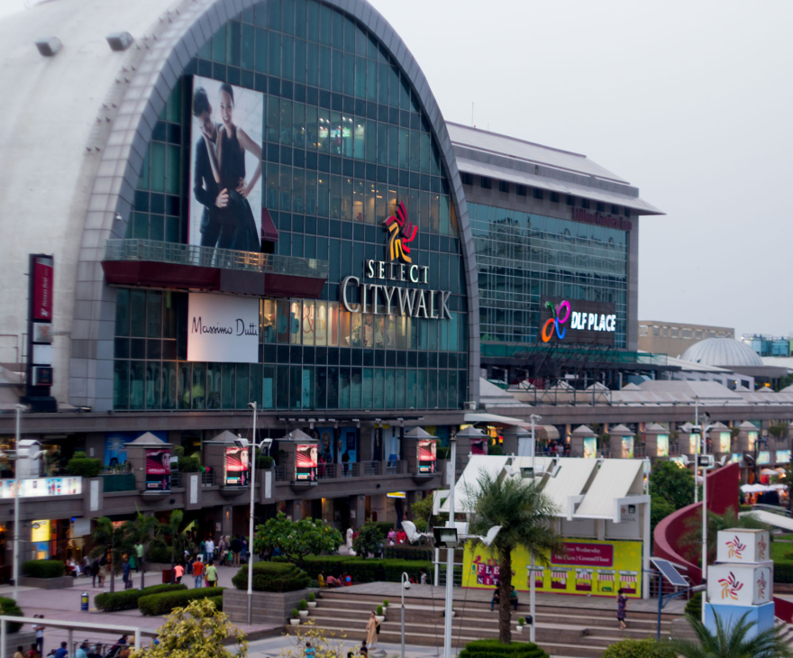 Delhi, India - 29th May 2016: Outside view of the famous Select Citywalk shopping mall in Saket, Delhi. The huge crowds testify the popularity of these shopping places